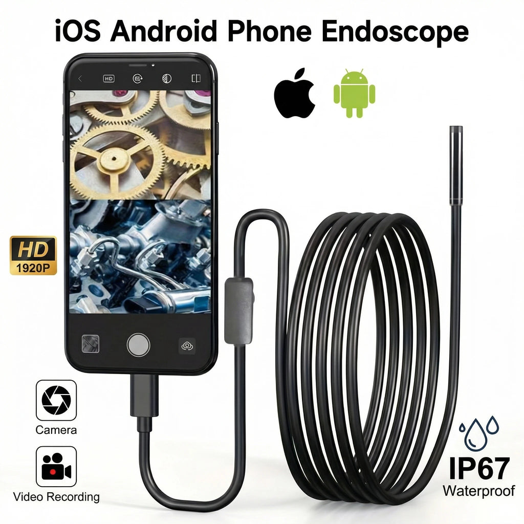Industrial Endoscope for iOS Android, HD 960P Borescope Camera with Light, IP67 Waterproof for Car , Sewer, Pipeline Inspection