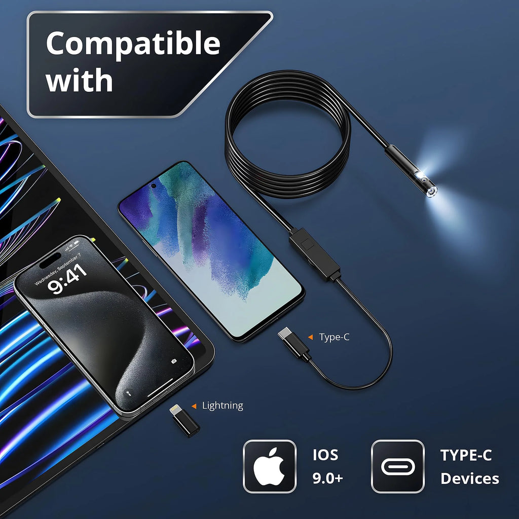Industrial Endoscope for iOS Android, HD 960P Borescope Camera with Light, IP67 Waterproof for Car , Sewer, Pipeline Inspection