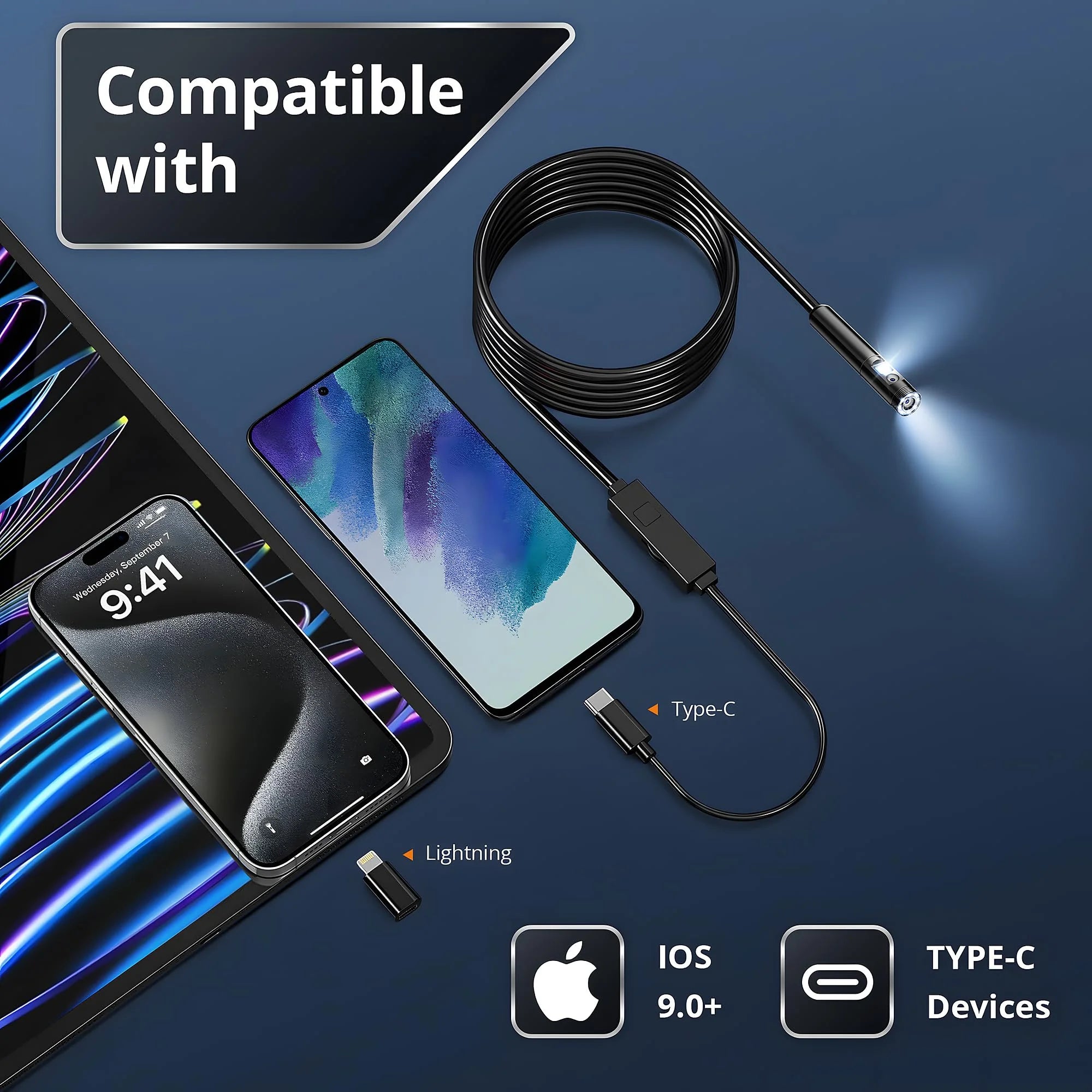 Industrial Endoscope for iOS Android, HD 960P Borescope Camera with Light, IP67 Waterproof for Car , Sewer, Pipeline Inspection