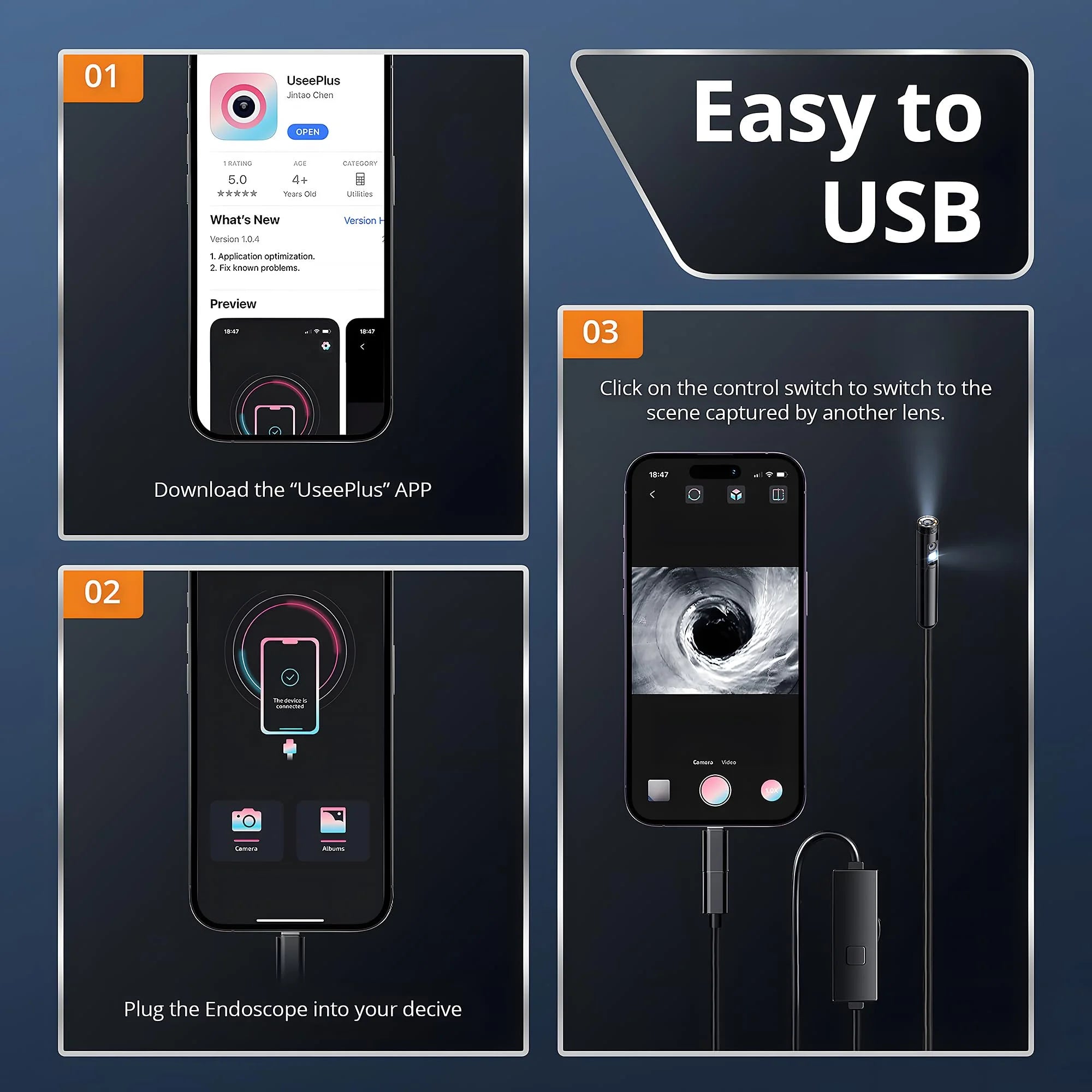 Industrial Endoscope for iOS Android, HD 960P Borescope Camera with Light, IP67 Waterproof for Car , Sewer, Pipeline Inspection