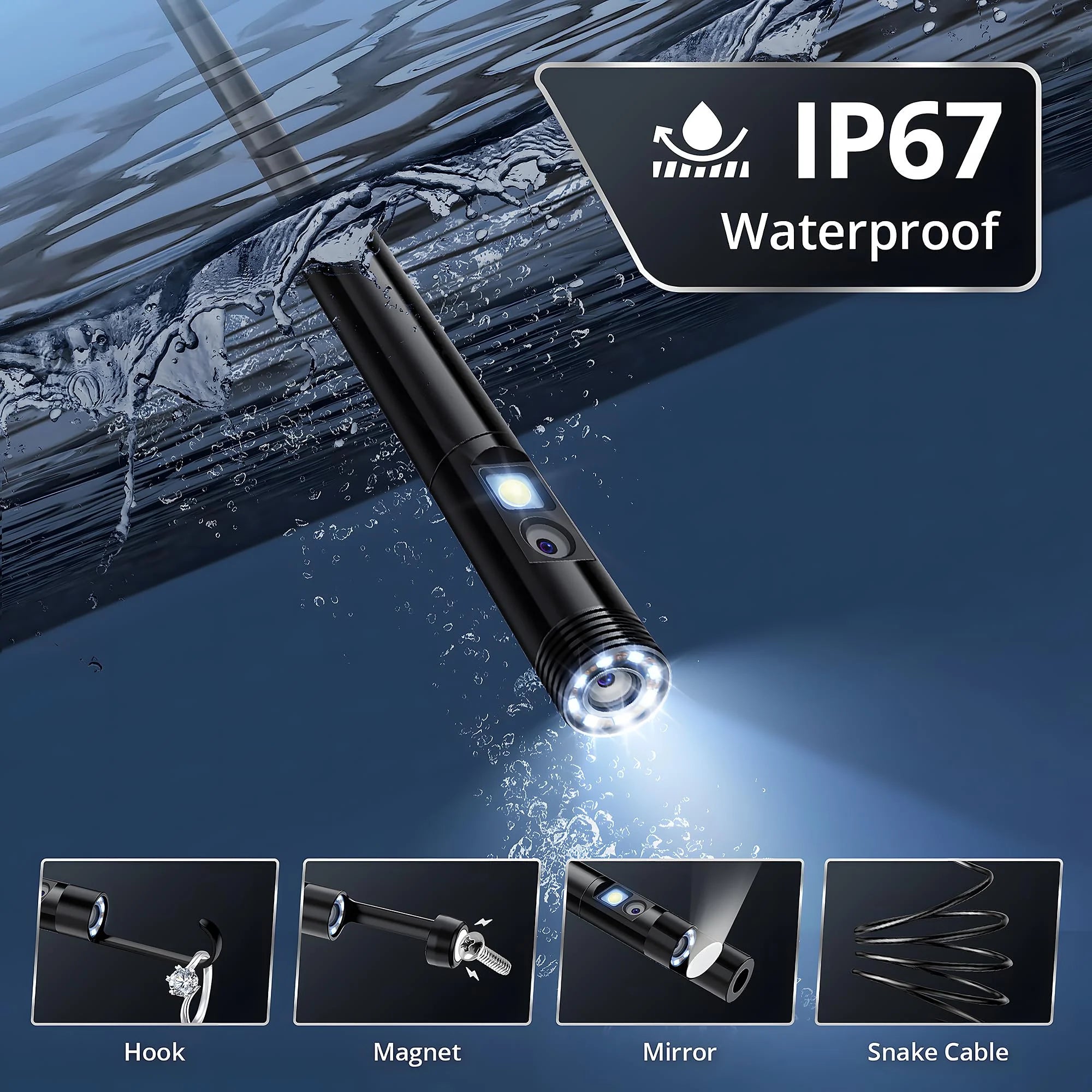 Industrial Endoscope for iOS Android, HD 960P Borescope Camera with Light, IP67 Waterproof for Car , Sewer, Pipeline Inspection