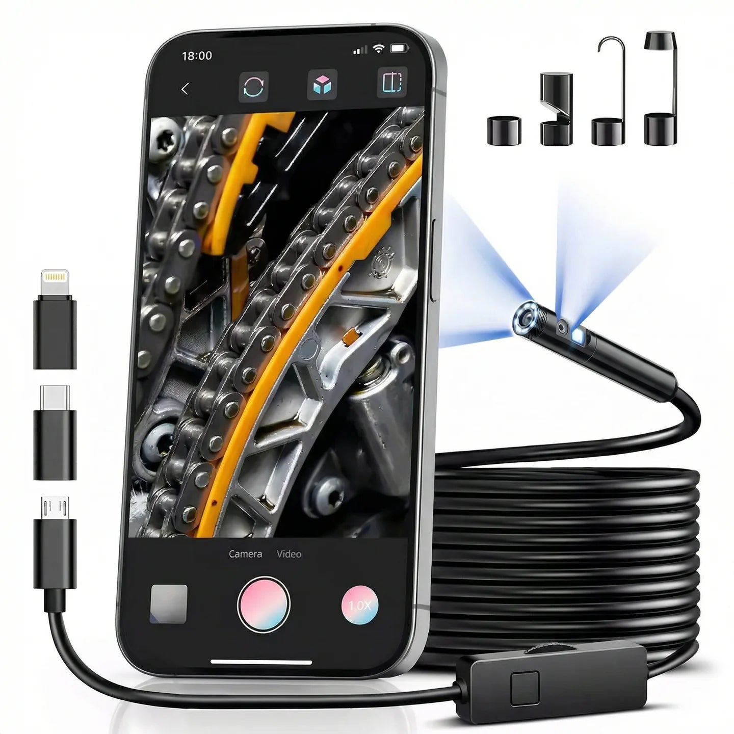 Industrial Endoscope for iOS Android, HD 960P Borescope Camera with Light, IP67 Waterproof for Car , Sewer, Pipeline Inspection