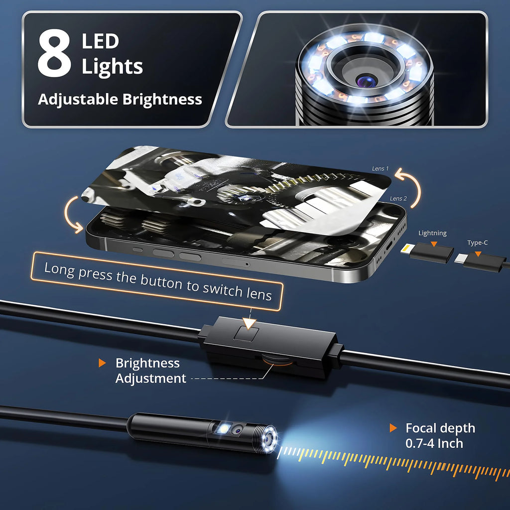 Industrial Endoscope for iOS Android, HD 960P Borescope Camera with Light, IP67 Waterproof for Car , Sewer, Pipeline Inspection