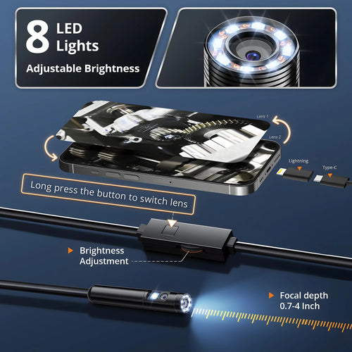Industrial Endoscope for iOS Android, HD 960P Borescope Camera with Light, IP67 Waterproof for Car , Sewer, Pipeline Inspection